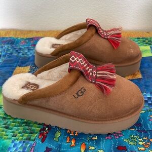 UGG Brown Suede Slippers with Red Accents